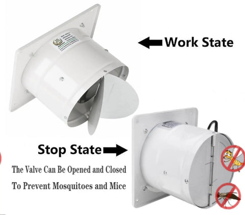 6 Inch Wall Mounted Exhaust Fan For Garage And Home Use With Backdraft Damper Delivers 308 CFM For Quick Ventilation In Attic Basement And Commercial Spaces Heavy Duty And Energy Efficient 42W 110V White in work and stop state