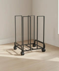Game Changer Mobile Storage Cart And Roll Right Through Box Holder Rack with gliding casters in black metal design.