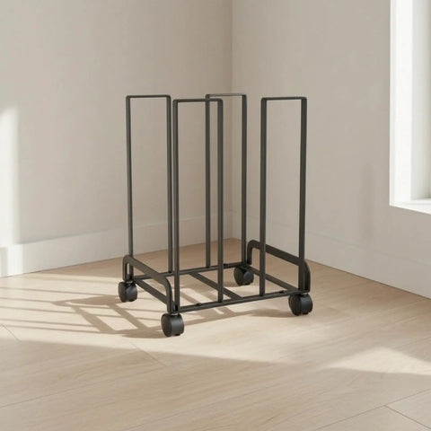 Game Changer Mobile Storage Cart And Roll Right Through Box Holder Rack with gliding casters in black metal design.
