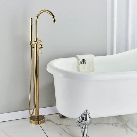 Gold Polished Freestanding Bathtub Faucet Floor Mount Tub Filler With Hand Shower Mixer Taps High Flow 360 Degree Swivel Spout Brass Body 150cm Hose Built To Last near bathtub