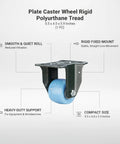 Rock Solid Rigid Fixed Direction Plate Caster Wheel With Hella Tough Polyurethane Tread 5.5 X 4.0 X 5.9 Inches shown with features.