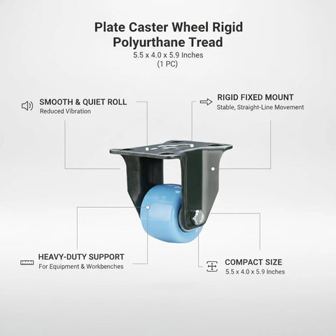 Rock Solid Rigid Fixed Direction Plate Caster Wheel With Hella Tough Polyurethane Tread 5.5 X 4.0 X 5.9 Inches shown with features.