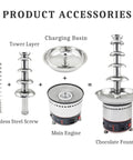 Various components of Multi Tier Chocolate Fondue Fountain With Steady Drip for house parties, showing stainless steel engine and tower.