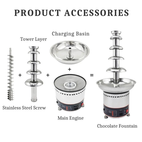 Various components of Multi Tier Chocolate Fondue Fountain With Steady Drip for house parties, showing stainless steel engine and tower.