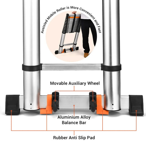 Detailed view of Telescoping Aluminum Ladder 12.5 Foot Lightweight Extension Collapsible Ladder For RV Home Loft Attic 330 Lbs Capacity