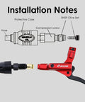 Red Zoom front-view hydraulic disc brake lever with hose and brass olive adapter; installation diagram in background