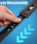 Heavy Duty Silent Telescopic Drawer Slides For Wardrobe Cabinets And Tables Smooth Glide Extension Rails For Keyboard Drawers And Furniture Storage Durable Multi Purpose Hardware Repair Kit For Home And Office Easy Install black steel slide, hand showing easy disassembly