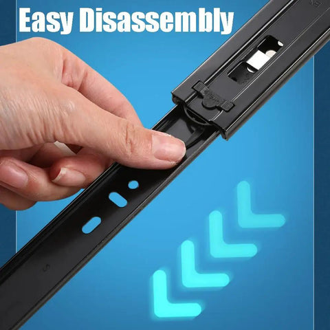 Heavy Duty Silent Telescopic Drawer Slides For Wardrobe Cabinets And Tables Smooth Glide Extension Rails For Keyboard Drawers And Furniture Storage Durable Multi Purpose Hardware Repair Kit For Home And Office Easy Install black steel slide, hand showing easy disassembly
