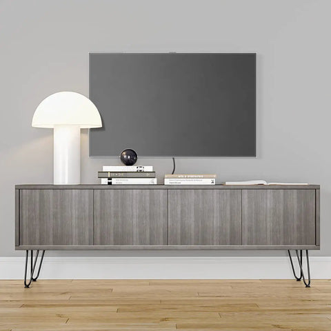 16 Inch Hairpin Table Legs Set 3/8 Inch Solid Steel Black With Rubber Floor Protectors on console under TV