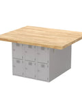 Heavy Duty 12 Bay Locker Workbench Station, Gray Baked Enamel Steel Frame With Solid Hardwood Top, 64x54x33 shop table with lockers.