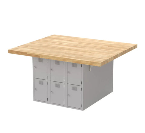 Heavy Duty 12 Bay Locker Workbench Station, Gray Baked Enamel Steel Frame With Solid Hardwood Top, 64x54x33 shop table with lockers.