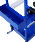 Close-up of Mobile 18 Inch Multi Roll Masking Paper Machine with storage trays and tape dispenser stand, blue.