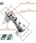 Dimensions and adjustments of Two Pack 165 Degree Soft Hydraulic Cabinet Door Hinge Dampers for kitchen and closet.
