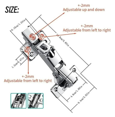 Dimensions and adjustments of Two Pack 165 Degree Soft Hydraulic Cabinet Door Hinge Dampers for kitchen and closet.