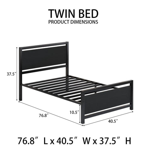 Stylish Twin Bed Frame With Rustic Wood Headboard, Heavy Duty Metal Platform Base Gives Dream Sleep Vibes dimensions with length 76.8", width 40.5", height 37.5".
