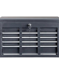 Beefy Heavy Duty Steel Tool Box With Five Drawers For Your Legit Garage Setup Portable Storage Chest Featuring Deep Easy Access Compartments For All Your Sweet Shop Gear Black, front view with keyhole.