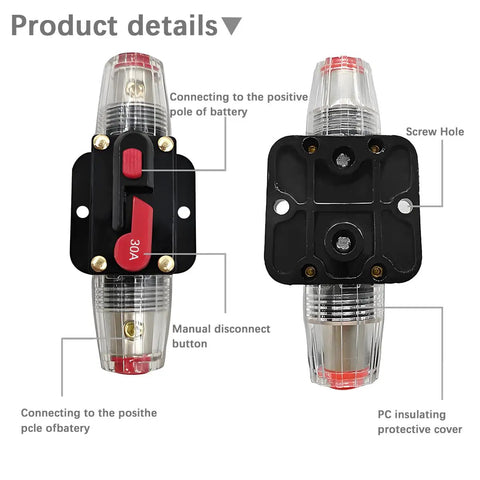 High-Octane 30 Amp Manual Reset Car Circuit Breaker Waterproof Inline Fuse Block showcasing clear design, manual disconnect button, copper contacts.