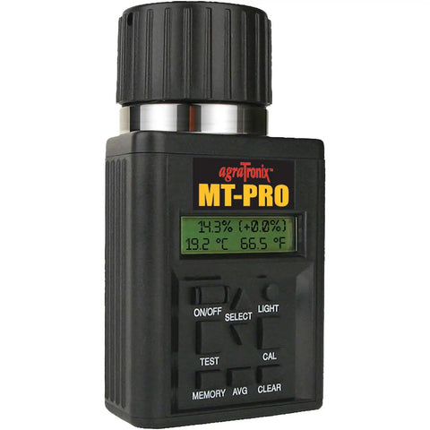 MT Pro Portable Grain Moisture Tester With Digital Meter Readout And Carrying Case Direct Readout For Forty Grain Scales Grab-and-Go Convenience Detects High Moisture Up To Forty Percent Illuminated Multilingual Display, black handheld unit