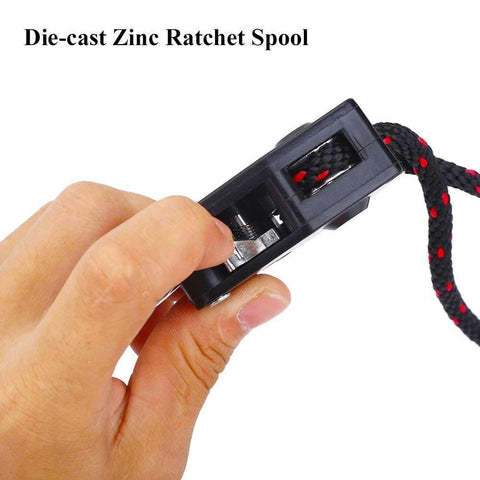 Close-up of die-cast zinc ratchet spool on heavy duty kayak and canoe tie down straps with ratchet pulley rope hanger.