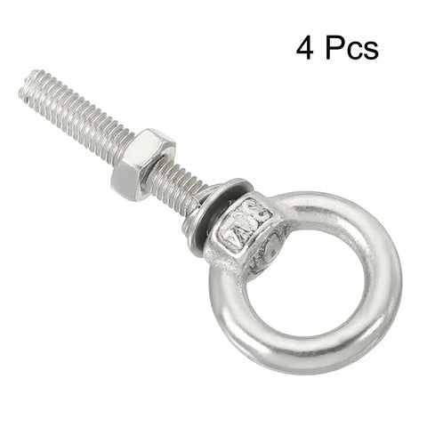 Hardcore Stainless Steel Eye Bolts M4 X 25mm Threaded With Hex Nuts And Flat Washers 4 Pack for secure outdoor lifting.