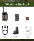 Slick Non Cellular Wifi Trail Camera With Dual Antenna And Beefy 7800 Mah Battery Slings A Lightning Fast Trigger Shot With Killer 64 Mp Pics And Crisp 1296 P Hd Video Plus Ready To Go Memory Card For Zero Headache Outdoor Scouting contents in the box including camera, battery, SD card, USB cable, mounting strap, and user manual.