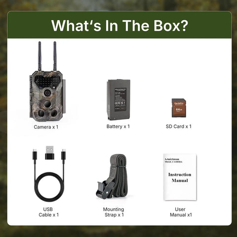 Slick Non Cellular Wifi Trail Camera With Dual Antenna And Beefy 7800 Mah Battery Slings A Lightning Fast Trigger Shot With Killer 64 Mp Pics And Crisp 1296 P Hd Video Plus Ready To Go Memory Card For Zero Headache Outdoor Scouting contents in the box including camera, battery, SD card, USB cable, mounting strap, and user manual.