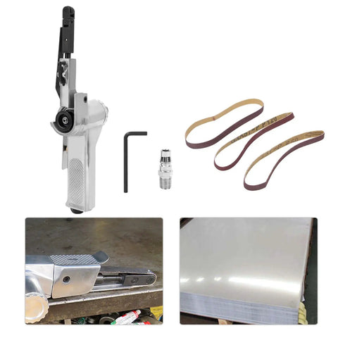 Heavy Duty Pneumatic Belt Sander 10mm Air Grinding Machine with three replacement belts and accessories for polishing.