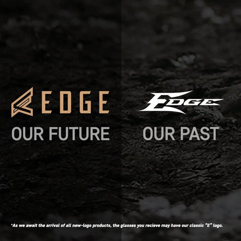 Logo evolution of Edge brand with 'Our Future' in gold and 'Our Past' in white on a dark background.