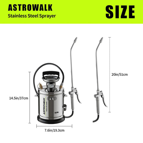 One Gallon Stainless Steel Pump Sprayer With 20 Inch Wand And 4 Foot Hose For Plants, Weed And Pest Control