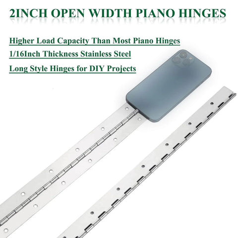 Heavy Duty Piano Hinges Set Of Four, 2 Inch Open Width And 16 Inch Continuous Length, 0.06 Inch Thick Stainless Steel With Pre Drilled Holes