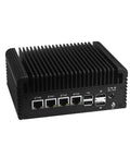 Quiet Fanless Mini Pc With Intel N100 Quad Core Chip For Home Network Firewalls And Routers Delivers Ddr5 Speed QuadPort2Point5Gbe Ethernet Opnsense Ready No Sweat Operation, showing ports and black heatsink.