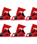 Universal 480/600V Circuit Breaker Lockout Devices Set With LOTO Tags showing six red clamp lockouts, OSHA compliant.