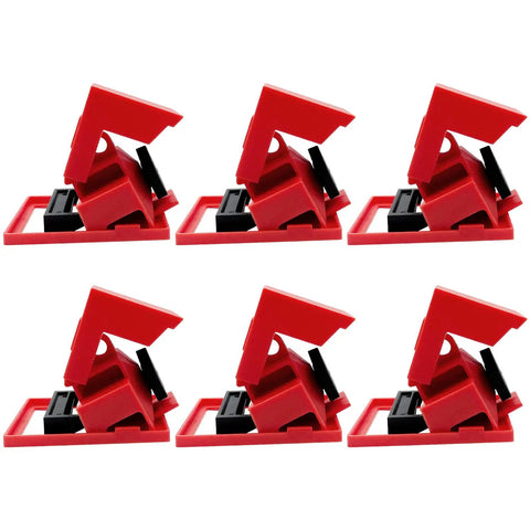 Universal 480/600V Circuit Breaker Lockout Devices Set With LOTO Tags showing six red clamp lockouts, OSHA compliant.