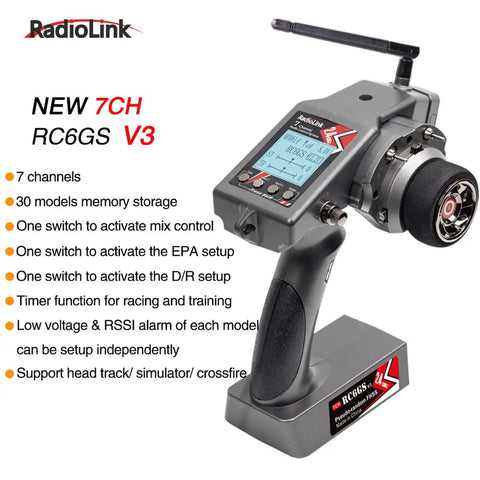 Long Range 2.4Ghz RC Transmitter With 7 Channel Controller And R7FG Gyro Receiver Telemetry, featuring 30 models memory storage.