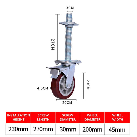 Set Of 2 Heavy Duty Swivel Casters Featuring Hardcore Dual Lock Brakes and Riveted Plates For Rough Construction Sites and Big Furniture Moves Solid Threaded Stem Wheels Built Like A Tank, shown with dimensions.