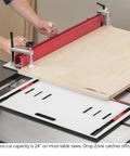 Job Ready AutoScale Miter Sled With Drop Zone Table Saw Crosscut Guide Phenolic Base in use, cutting plywood with clamps.
