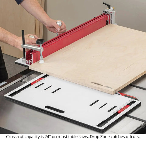 Job Ready AutoScale Miter Sled With Drop Zone Table Saw Crosscut Guide Phenolic Base in use, cutting plywood with clamps.