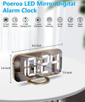 7 Inch LED Mirror Display Alarm Clock With Dual USB Ports, auto dim, night mode, gold finish, on a desktop, mirror reflection