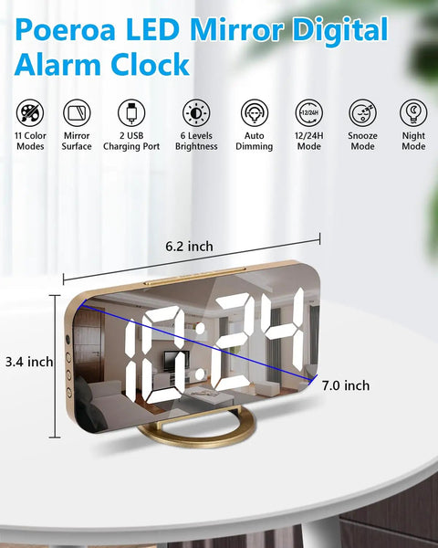 7 Inch LED Mirror Display Alarm Clock With Dual USB Ports, auto dim, night mode, gold finish, on a desktop, mirror reflection