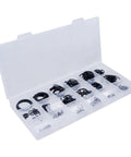E Clip Assortment Kit 304 Stainless Steel 300 Pieces External Retaining Rings And C Clips in open plastic case.