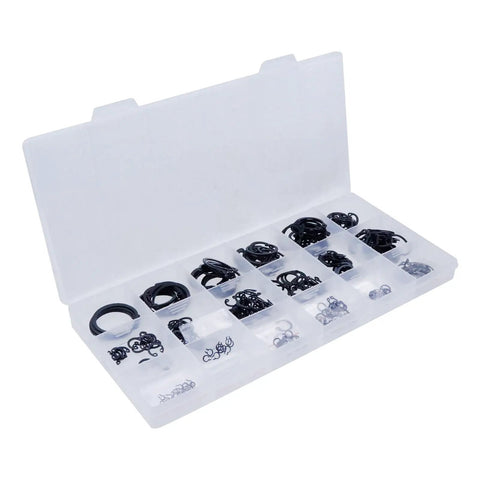 E Clip Assortment Kit 304 Stainless Steel 300 Pieces External Retaining Rings And C Clips in open plastic case.