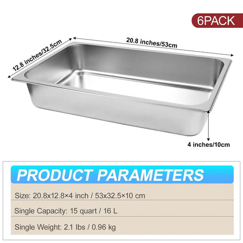 6 Pack Hotel Pans 1 By 1 Size 4 Inch Deep Stainless Steel Trays For Food 20.8 Inch Long By 13 Inch Wide Catering Table Pan