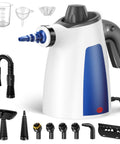 Badass Handheld Steam Cleaner Fires Off Rolling Steam Directly At Caked On Grout Lines And Greasy Range Hood Messes Driven By Strong Water Pressure With Absolutely No Spitty Mess Around, featuring various attachments.