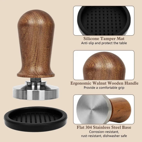51mm Espresso Tamper Set With 30 Lb Consistent Pressure, Spring Loaded Calibrated Tamper, Silicone Mat, Coffee Stirrer And Distribution Tool, Wooden Barista Kit For Home Espresso Machines, Ideal For Your Italian Moment with ergonomic walnut handle and stainless steel base.