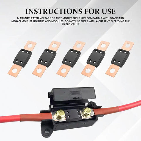 Premium 150 Amp MEGA Bolt Down Fuse For Trucks Cars And Boats 32V High Current with copper connectors and instructions for use.