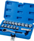 Precision Built 17 Piece Socket Wrench Set With 12 Point Pass Through Design And Chrome Vanadium Steel in blue case.