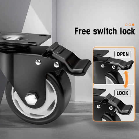 Casters set of 4: 3-inch heavy-duty swivel caster wheels with brakes, black polyurethane, top-plate mounting
