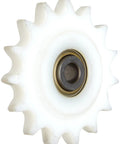 Kickass Professional Grade UHMW Idler Sprocket For Size 60 Single Strand Roller Drive With Built In Precision Bearing Type C Hub 0.75 Pitch 15 Teeth 0.51 Bore close-up of white plastic sprocket with bearing.