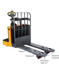 Built Tough Full Electric Pallet Truck Powers Through 5500 Lbs On The Regular With Side Standing Platform in yellow and black.