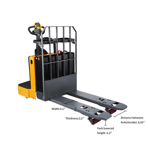 Built Tough Full Electric Pallet Truck Powers Through 5500 Lbs On The Regular With Side Standing Platform in yellow and black.